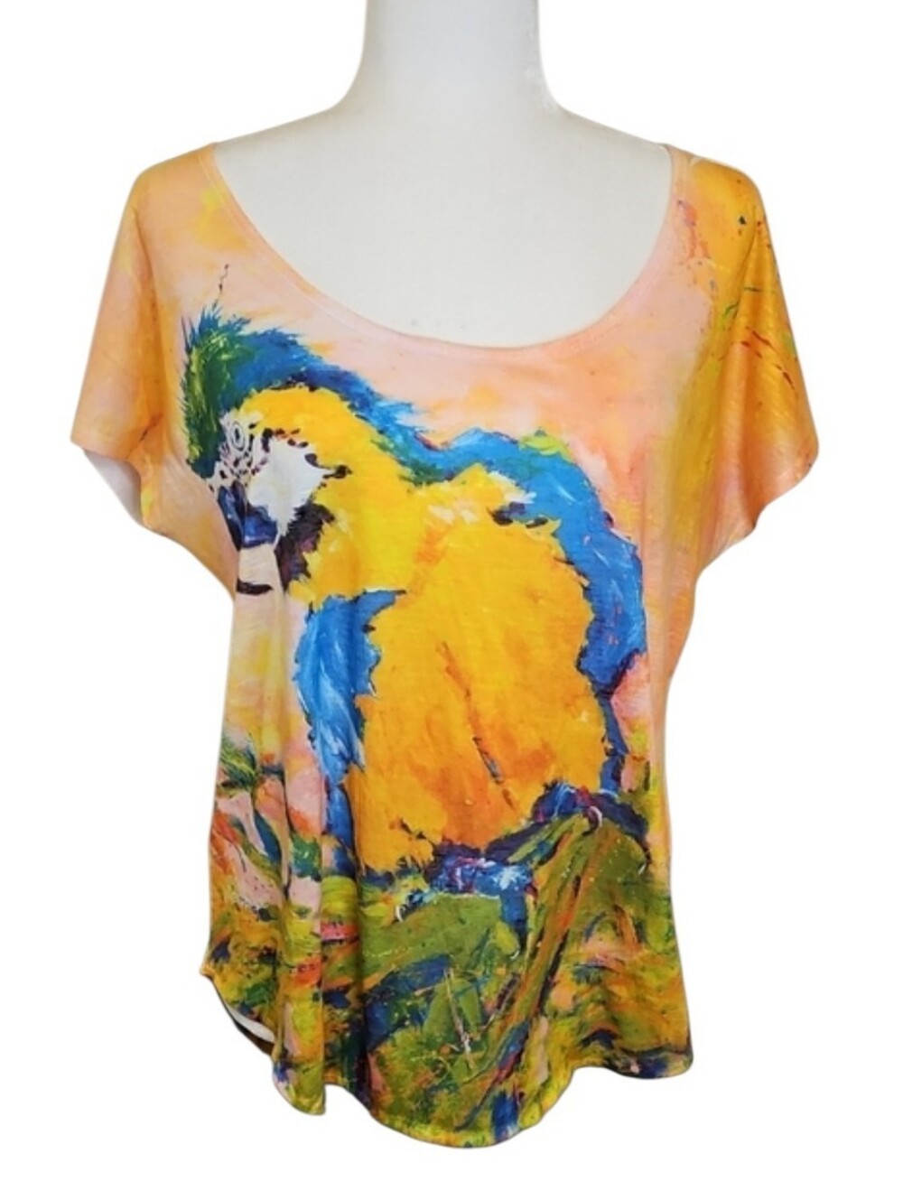 Leoma Lovegrove Bright Parrot Print Yellow Women's Scoop Neck Top, Size Large